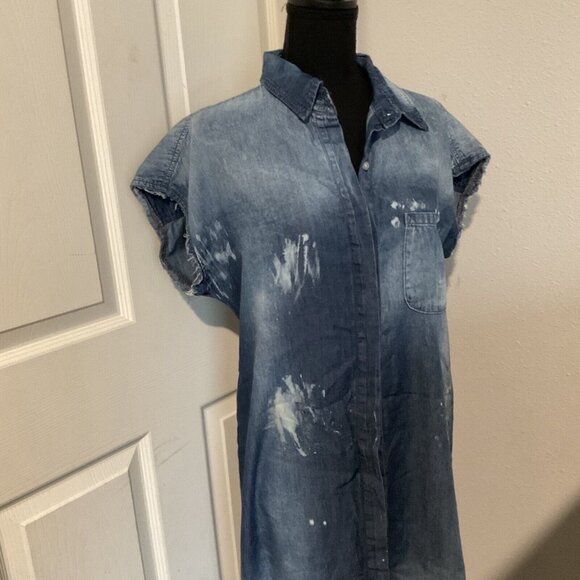 Nsf Bleached Distressed Denim Jean Chambray Button Down Mid Dress Small Western - Picture 4 of 12